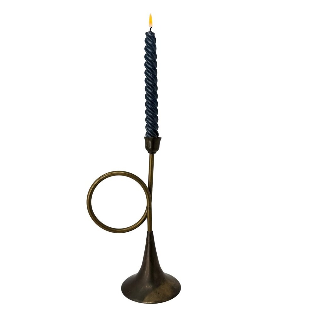 Vintage Brass French Horn Taper Candle Holder Sculptural Mid Century Decor